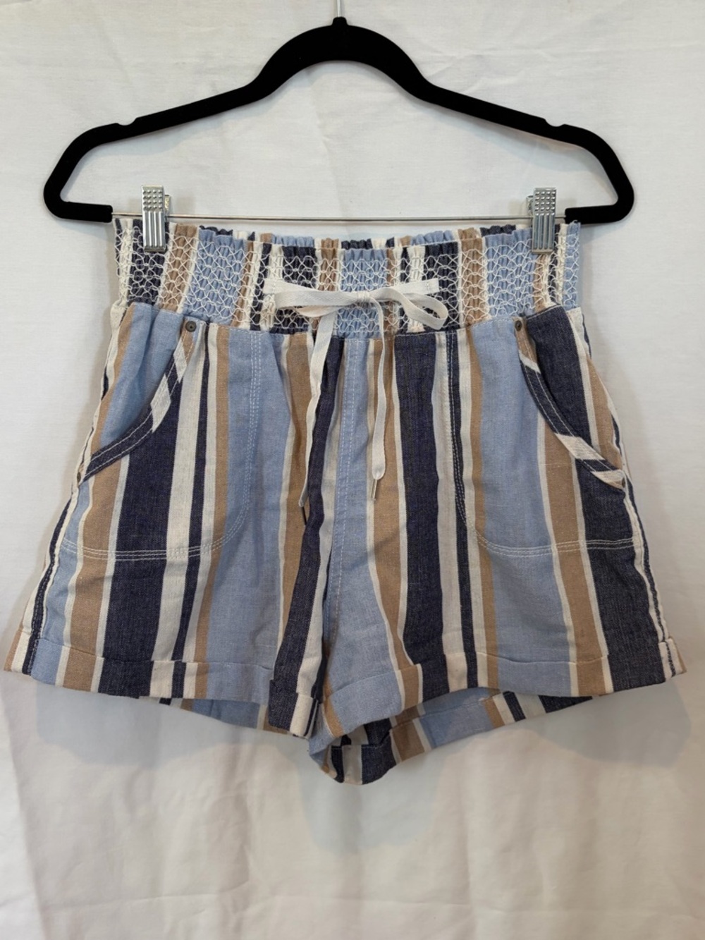 High-Waist Striped Drawstring Women’s Shorts - Blue & Tan
